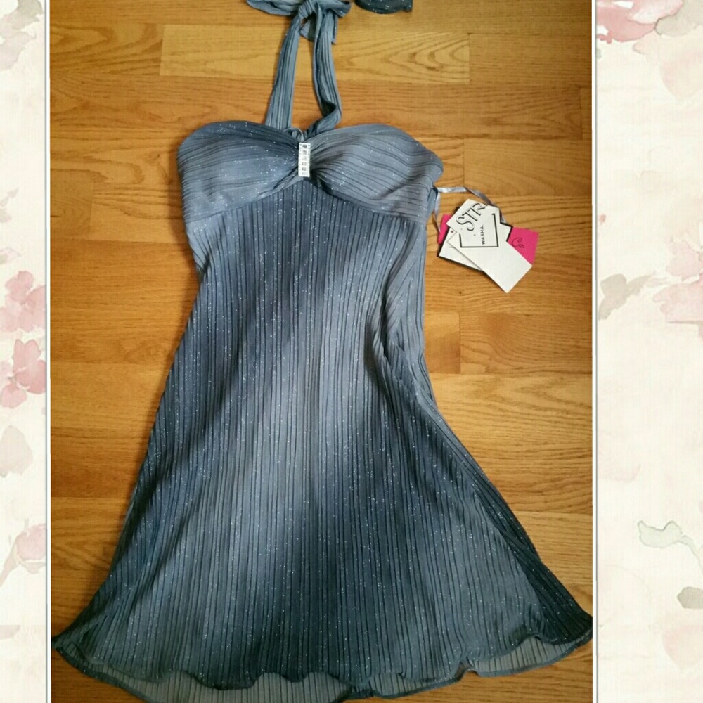 Morgan & Co. Silver-Gray Pleated Halter Mini Dress